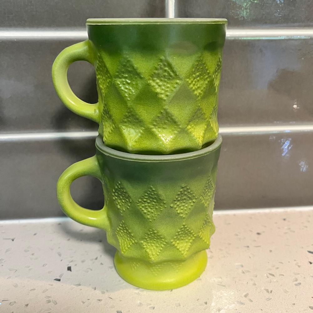2 Vintage Kimberly Mugs Anchor Hocking Fire King Diamond Green - EUC!